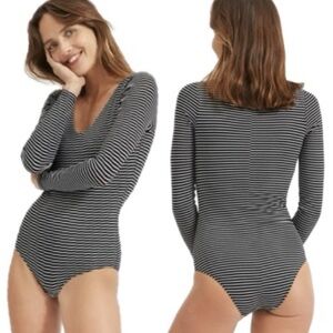 Everlane Striped Long Sleeve V-Neck Bodysuit Womens Size XL Black & White